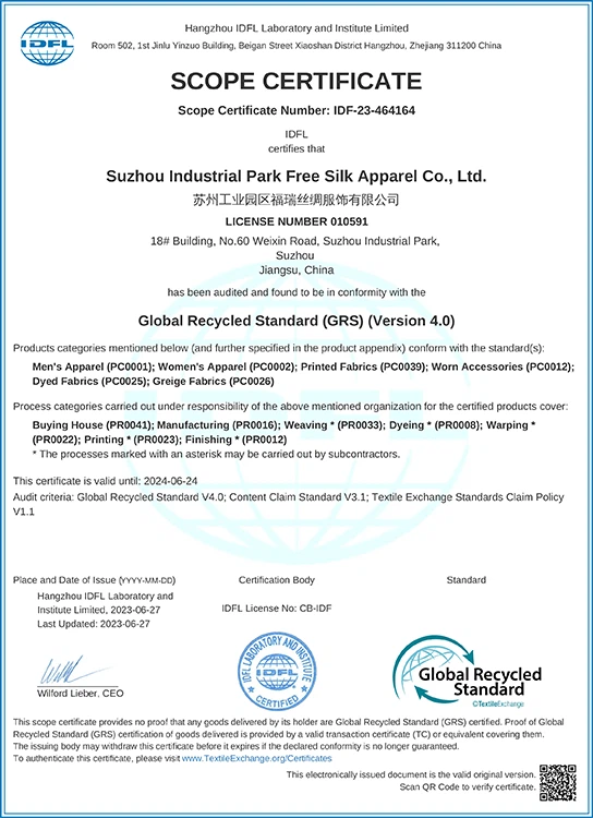 SUZHOU FREESILK GRS Certificate 20230627-1 SUZHOU FREESILK GRS Certificate 20230627-1